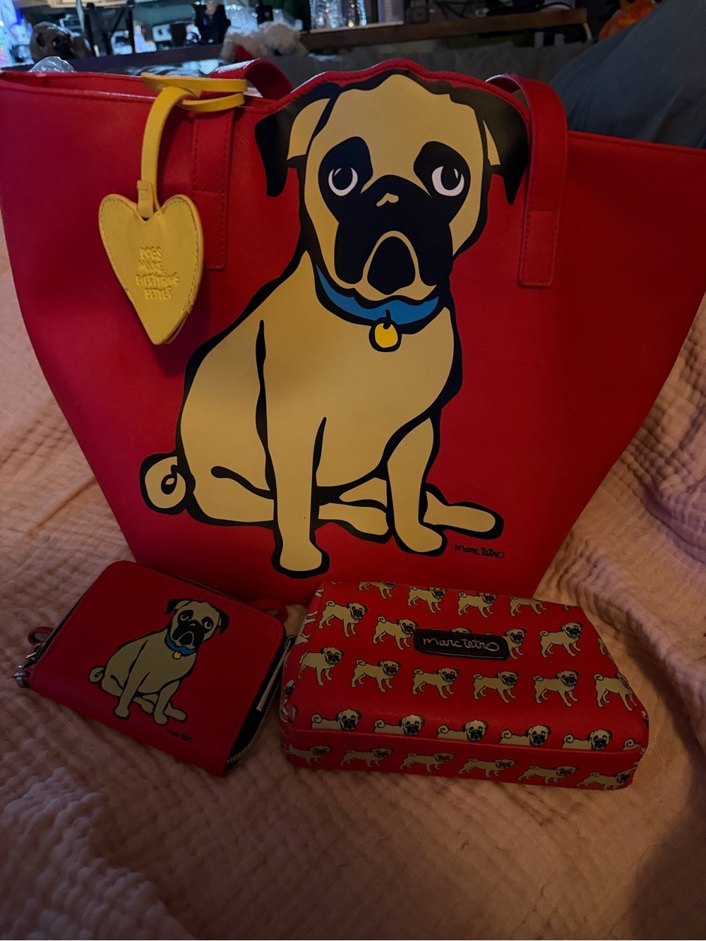 Marc Tetro Red Pug Tote with Yellow Heart Tag